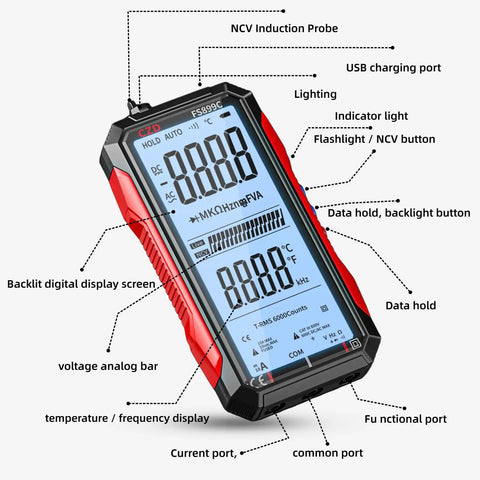 6000 Counts True RMS Digital Multimeter With 4.8 Inch Color Screen showing various functions and USB C port