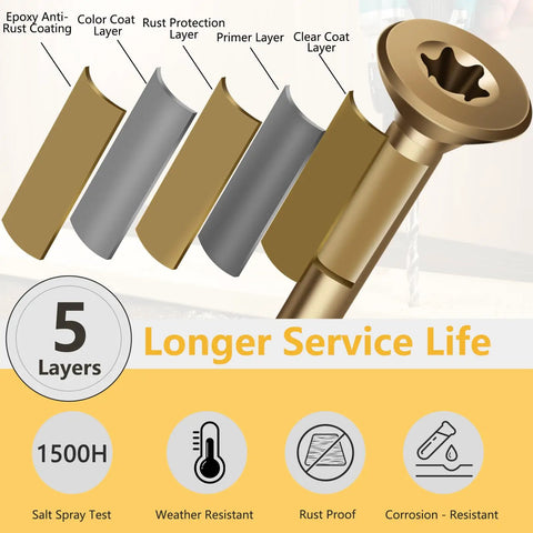 5 layer coating diagram for 3 Inch Deck Screws For Outdoor Wood With Golden Brown Epoxy Coating Rust Resistant Exterior Decking Screws Size 10 By 3 Inch Torx Star Drive Head T25 Bit Included 55 Pcs 1 Lb