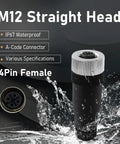 M12 straight head 4-pin female connector with IP67 waterproof feature splash effect, highlighting Ten Pack M12 4 Pin A Code Female Industrial Aviation Connector Waterproof IP67 Sensor Socket Field Assemblable 12mm Circular Socket Panels Adapter Screw Connection
