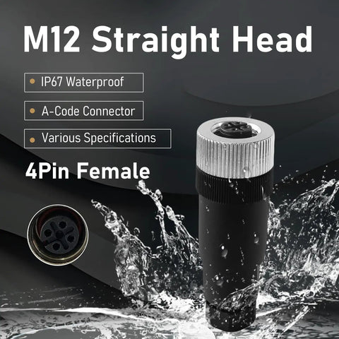 M12 straight head 4-pin female connector with IP67 waterproof feature splash effect, highlighting Ten Pack M12 4 Pin A Code Female Industrial Aviation Connector Waterproof IP67 Sensor Socket Field Assemblable 12mm Circular Socket Panels Adapter Screw Connection