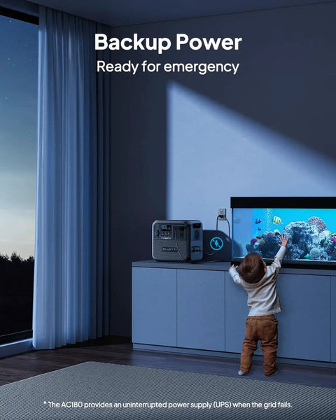 Child touching aquarium, powered by Your Go To Portable Power Station AC180 1152Wh LiFePO4 Battery Backup With Two 1800W AC Outlets.