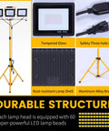Ultra Bright 30000 Lumen LED Work Light With Stand And 3 Adjustable Heads Foldable Tripod Waterproof Lamp With Independent On Off Switch 6500K Daylight White For Construction Garage Outdoor Jobs with tempered glass, safety plug, and durable structure detailing.