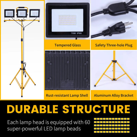Ultra Bright 30000 Lumen LED Work Light With Stand And 3 Adjustable Heads Foldable Tripod Waterproof Lamp With Independent On Off Switch 6500K Daylight White For Construction Garage Outdoor Jobs with tempered glass, safety plug, and durable structure detailing.