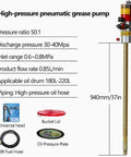 High-pressure pneumatic grease pump specifications, 940mm height, 50:1 ratio for 180-220L drums, includes follower plate.