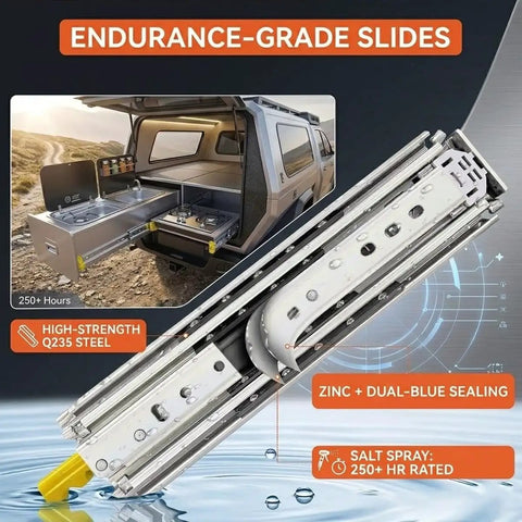 Beefy Heavy Duty Locking Drawer Slides For Side Mounts, 1 Pair, 3 Fold Full Extension Ball Bearing Rails, blue steel