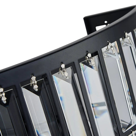 Close-up of Modern K9 Crystal Wall Sconce Flush Mount LED Light With Matte Black Finish and elegant fan shades.