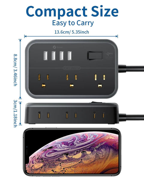 Six Widely Spaced Outlets Power Strip With Two-Sided Design And Four USB Ports, 15 Ft Flat Plug Extension Cord shown with phone