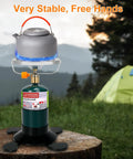 Portable Propane Camping Stove with Foldable Gas Tank Base and Adjustable Flame in campsite with kettle on burner