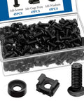 M6 Rack Mount Screws Kit 45 Pack With Cage Nuts And Washers For Server Racks Cabinets Routers And Network Gear Designed For Square Hole Racks And Easy Install, shown in a clear plastic box with individual components displayed.