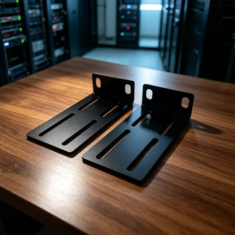 Rock Solid 1U Adjustable Rack Mount Pair For 19 Inch Server Cabinets Heavy Duty Steel Brackets on a wooden table.