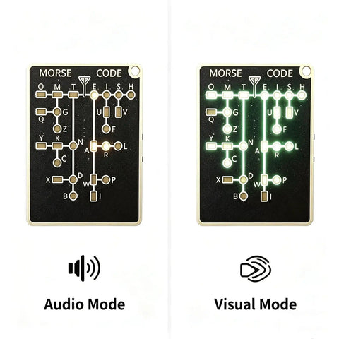 Practice Morse Code Kit Pro with LED Visual Feedback and Audio Beeps showing audio and visual modes side by side.