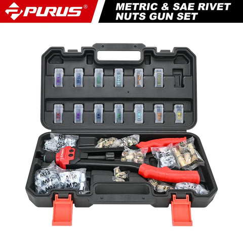 Heavy Duty Rivet Nut Gun Kit With 14 Inch Jaw And 214 Piece Professional Rivnut Tool Set Including 11 Metric SAE Mandrels Plus 200 Premium Rivnuts And Sturdy Storage Case for auto repair