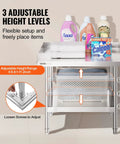 Stainless Steel Grill Stand Table 24 By 28 By 26 Inches With Adjustable Undershelf shown with multiple adjustable height levels and storage.