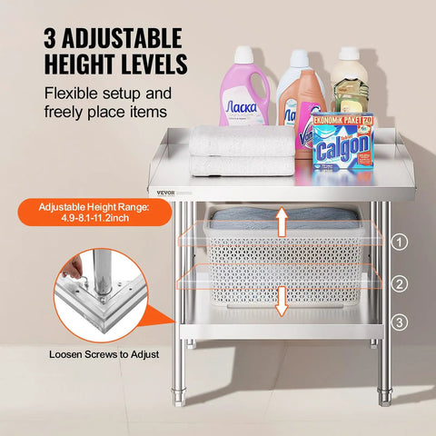 Stainless Steel Grill Stand Table 24 By 28 By 26 Inches With Adjustable Undershelf shown with multiple adjustable height levels and storage.
