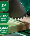 Close-up of 10 Inch Single Bevel Compound Miter Saw cutting wood, highlighting 24 lbs weight, 0-45 degree bevel range, and 5000 RPM speed.