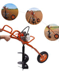 Kebayuneth gas-powered earth auger, orange frame, side view with single wheel