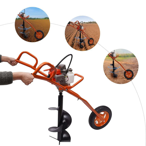 Kebayuneth gas-powered earth auger, orange frame, side view with single wheel