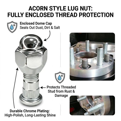 Upgrade Your Setup With This Heavy-Duty M12x1.5 Wheel Lug Nut Kit Featuring 4 Pieces of Premium Alloy Steel Studs That Are Built To Last And Replaces OEM Toyota Numbers For Perfect Fitment On Hyundai Kia Santa Fe Sonata Rio Sportage Forte Vehicles. Chrome acorn lug nut with M12x1.5 threaded stud, shown installed on wheel hub