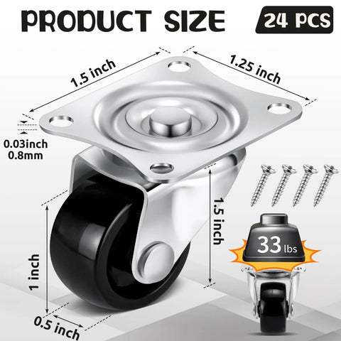 Product size diagram of Heavy Duty 24 Piece One Inch Swivel Caster Wheels With 360 Degree Rotation For Office Furniture And Storage Carts.