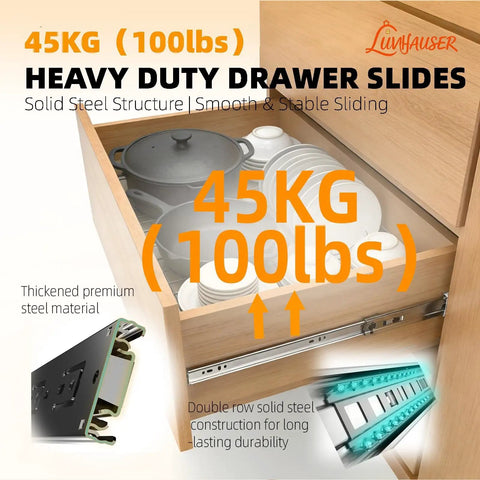 Beefy Full Extension Drawer Slides 20 Inch, Heavy Duty Drawer Runners, Side Mount Cabinet Rails For Kitchen, 1.77 Inch Wide, 100 Lb Capacity, Anti Rust And Long Lasting installed on a wood kitchen drawer