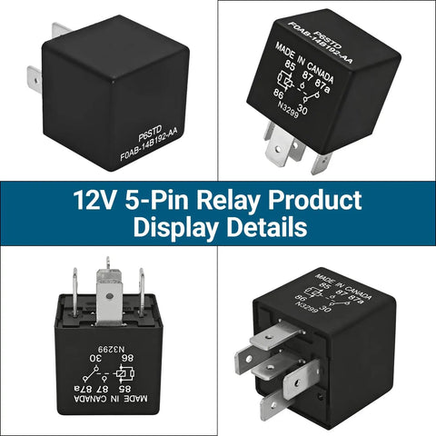 Heavy Duty 5 Pin Automotive Relay 12V 40A Plug In And Go Fuel Pump Starter Switch For Ford F150 Explorer Expedition Transit Runs Smooth Takes A Beating Every Day 2 Pack display showing different angles and pin configurations.