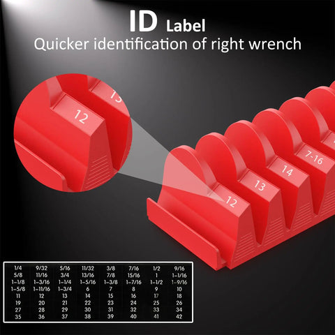 Magnetic Modular Wrench Organizer Set For Tool Drawers with metric and SAE labels, red finish, close-up view of size labels.