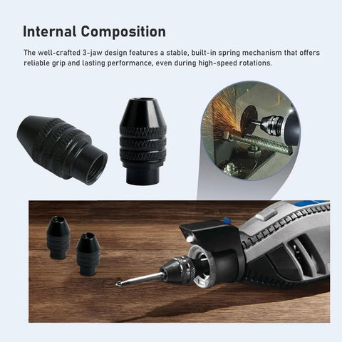 Tough As Nails 10 Pack Keyless Rotary Tool Chuck features a 3-jaw design for reliable grip and quick swaps with Dremel minis.