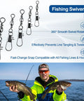 No More Line Twists With Ball Bearing Fishing Swivels, Anti Tangling Design With 360 Rotation, Quick Connect Safety Snaps, Saltwater And Freshwater Ready, 200 Pack For Smooth Casting And Trouble Free Retrieval, black metal swivels with snap clips