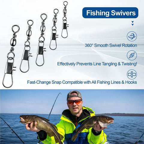 No More Line Twists With Ball Bearing Fishing Swivels, Anti Tangling Design With 360 Rotation, Quick Connect Safety Snaps, Saltwater And Freshwater Ready, 200 Pack For Smooth Casting And Trouble Free Retrieval, black metal swivels with snap clips