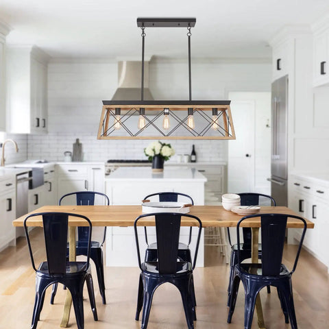 Farmhouse Chandelier With Five Lights For Kitchen Island Lighting Rustic White Wood Finish Dining Room Pendant Light Adjustable Height Distressed Style With Farmhouse Chic Vibe Over Pool Table in a modern kitchen.
