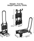 Shifter Multi-Position Folding Hand Truck And Cart For Easy Load Up, black upright and folded dimensions view