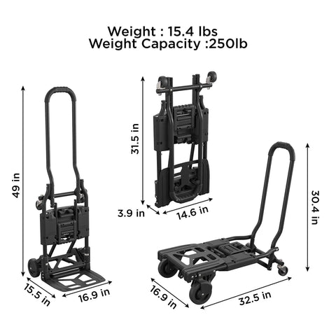 Shifter Multi-Position Folding Hand Truck And Cart For Easy Load Up, black upright and folded dimensions view