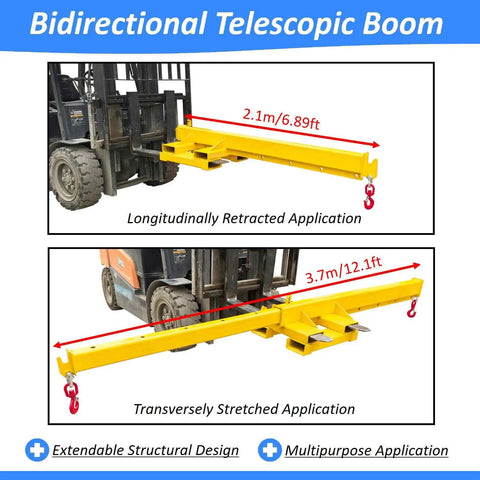 Tough As Nails Two Ton Forklift Jib Crane Featuring Telescopic Boom and Dual Direction Lifting for Workshop Use showing bidirectional boom at two lengths.