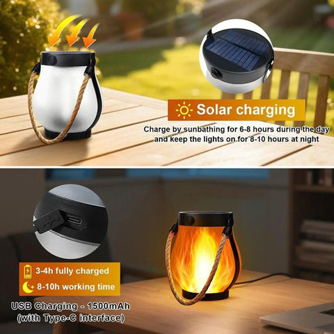 USB Charging Solar Lantern For Outdoors And Travel showing solar panel and flame effect, ideal for camping.