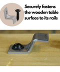 Z table top fasteners set with screws attached to wood surface, heavy duty solid steel construction for woodworking projects.