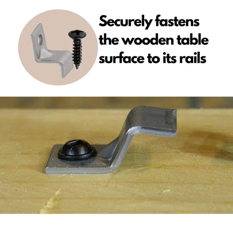 Z table top fasteners set with screws attached to wood surface, heavy duty solid steel construction for woodworking projects.