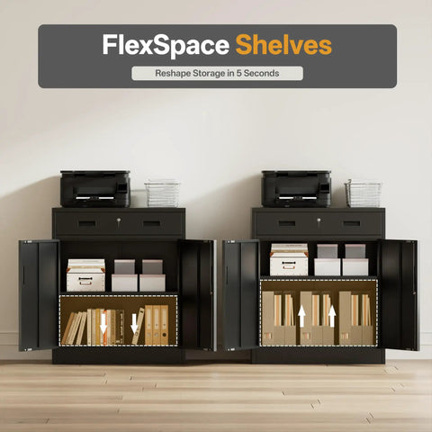 Heavy Duty 36 Inch Locking Metal Storage Cabinet With One Drawer And Adjustable Shelves For Home Garage Office School And Warehouse Durable Steel Scratch Resistant And Easy To Clean shown with open shelves