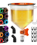 Universal Spill Proof Engine Oil Funnel Kit With Flow Control Valve, 12 color adapters, 2 magnetic organizers, 2 elbows.