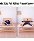 Game Changing College Dorm Bed Expansion Kit To Convert Twin Xl To 48 Inch Wide Mattress Base featuring wooden slats and user demo.