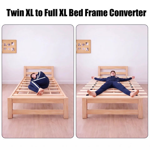 Game Changing College Dorm Bed Expansion Kit To Convert Twin Xl To 48 Inch Wide Mattress Base featuring wooden slats and user demo.