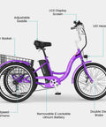 Three Wheel Electric Tricycle For Adults And Seniors, Stable E Trike With Low Step Through Frame, 24 Or 26 Inch Wheels, Easy On And Off For Shopping, Neighborhood Rides And Everyday Errands, purple frame with rear basket