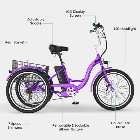 Three Wheel Electric Tricycle For Adults And Seniors, Stable E Trike With Low Step Through Frame, 24 Or 26 Inch Wheels, Easy On And Off For Shopping, Neighborhood Rides And Everyday Errands, purple frame with rear basket