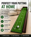 Indoor Putting Green With Automatic Ball Return All In One Golf Mat with Putter Holder Two Golf Balls Marking Tool setup in living room
