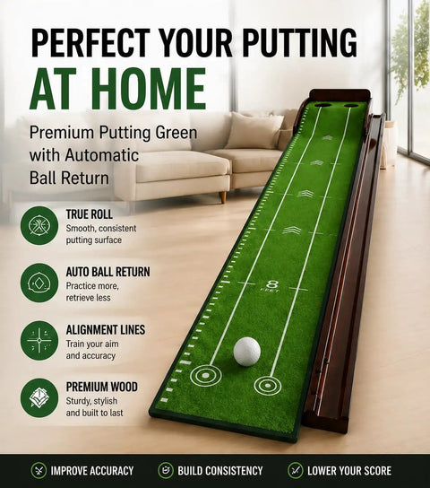 Indoor Putting Green With Automatic Ball Return All In One Golf Mat with Putter Holder Two Golf Balls Marking Tool setup in living room