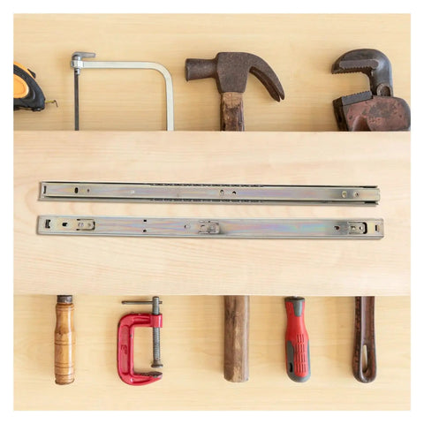 Heavy Duty Side Mounted Ball Bearing Drawer Slides Pair Thickened Cold Rolled Steel Full Extension Cabinet Slide Rails on workbench with tools.