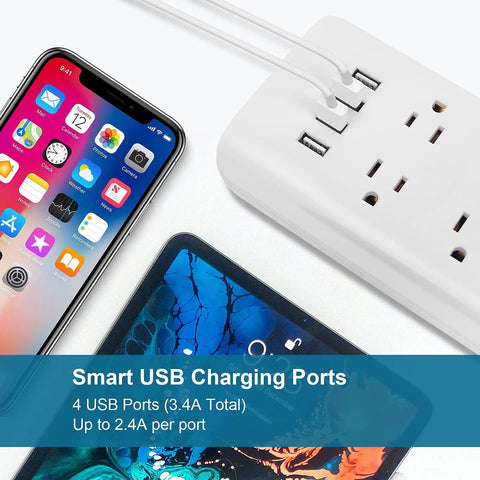 15 Foot Power Strip Surge Protector With Ten Widely Spaced Outlets Flat Low Profile Plug Wall Mountable White USB Ports