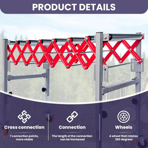 Product details of Heavy Duty Adjustable Conveyor Roller System With Wheels Expandable 14 To 52 Inch Length And 27.5 To 50 Inch Height