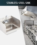 Commercial Hand Sink With Gooseneck Faucet 304 Stainless Steel Wall Mount Utility Sink NSF Certified For Restaurant Bar RV Bathroom Laundry Room Pro Grade Strainer Included displayed on a kitchen background.