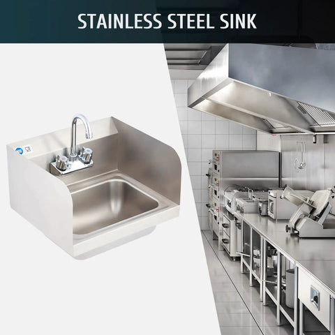 Commercial Hand Sink With Gooseneck Faucet 304 Stainless Steel Wall Mount Utility Sink NSF Certified For Restaurant Bar RV Bathroom Laundry Room Pro Grade Strainer Included displayed on a kitchen background.