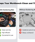 Comparison of workspace with and without Extra Large Soldering Mat 27.6 Inches By 15.7 Inches With ESD Wrist Strap Grounding Kit.
